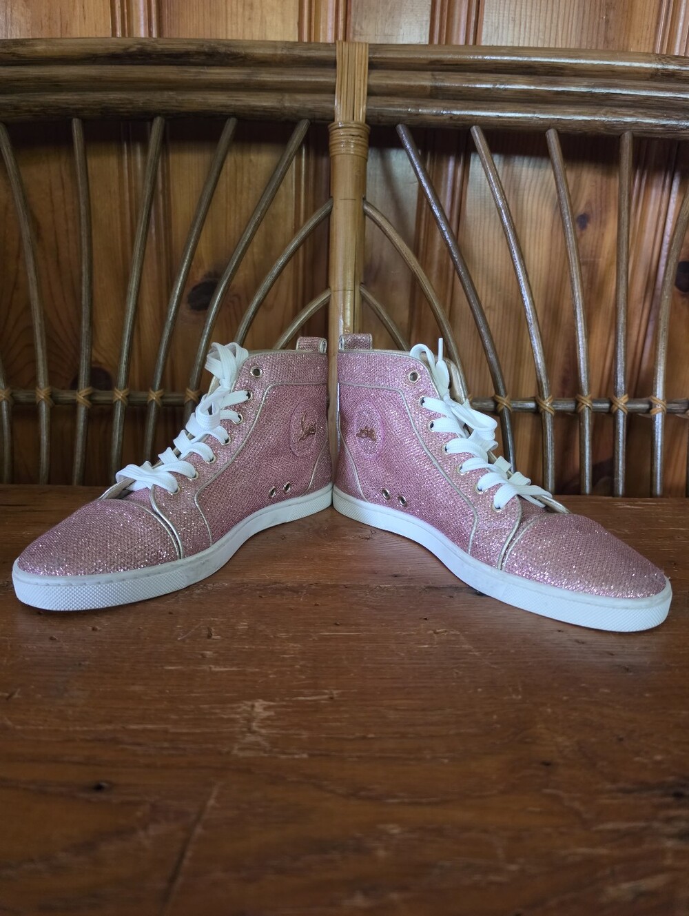 Christian Louboutin Sparkly Pink High Top Sneakers with Hot Pink Laces - Picture 2 of 16